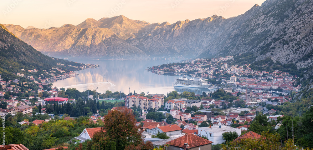 A panoramic morning view of the famous Bay of Kotor, Montenegro from high up, nestled between picturesque rocky slopes
