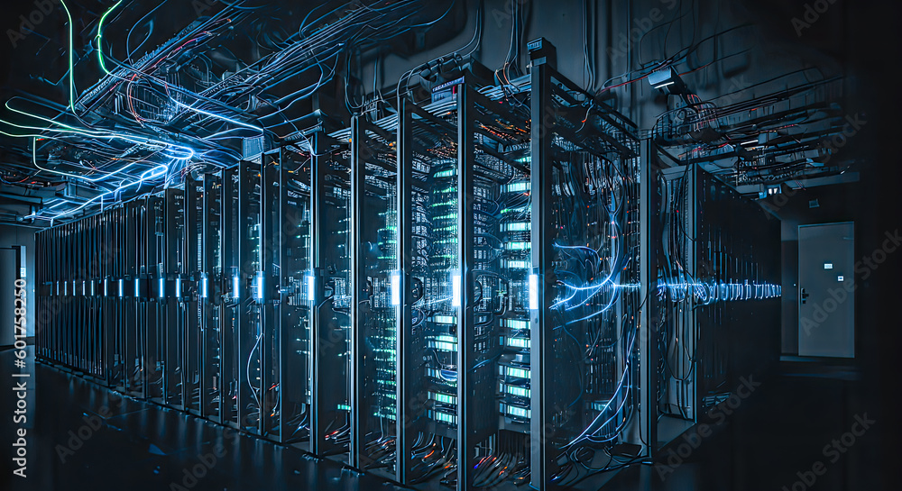 AI Data Center With Multiple Rows of Fully Operational Server Racks. Modern Telecommunications, Cloud Computing, Artificial Intelligence, Database, Super Computer Technology. Generative AI