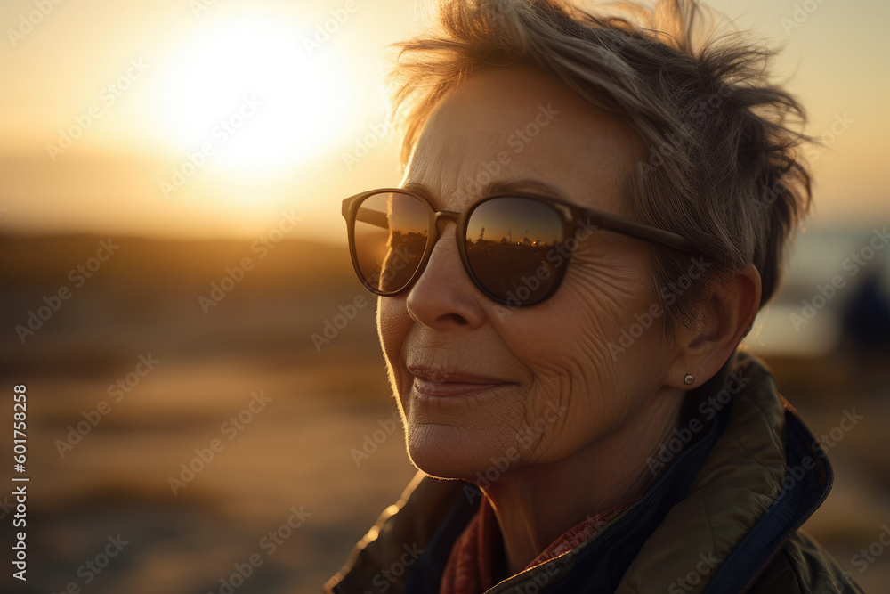 Generative AI image of portrait of side view of smiling senior female standing in warm clothes sunglasses and looking away while admiring nature against blurred sunlight Generative AI image of portrait of side view of smiling senior female standing in warm clothes sunglasses and looking away while admiring nature against blurred sunlight