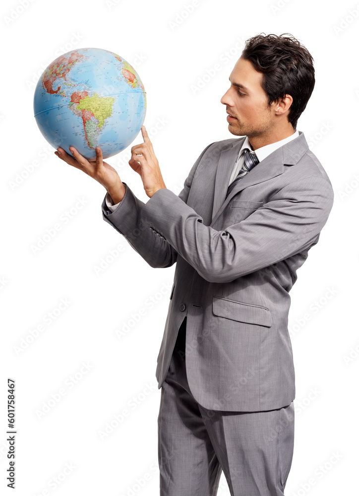 Earth globe, international businessman and alone in png or transparent background. Global networking or development, communication or growth and male person standing in an isolated backdrop. Earth globe, international businessman and alone in png or transparent background. Global networking or development, communication or growth and male person standing in an isolated backdrop.