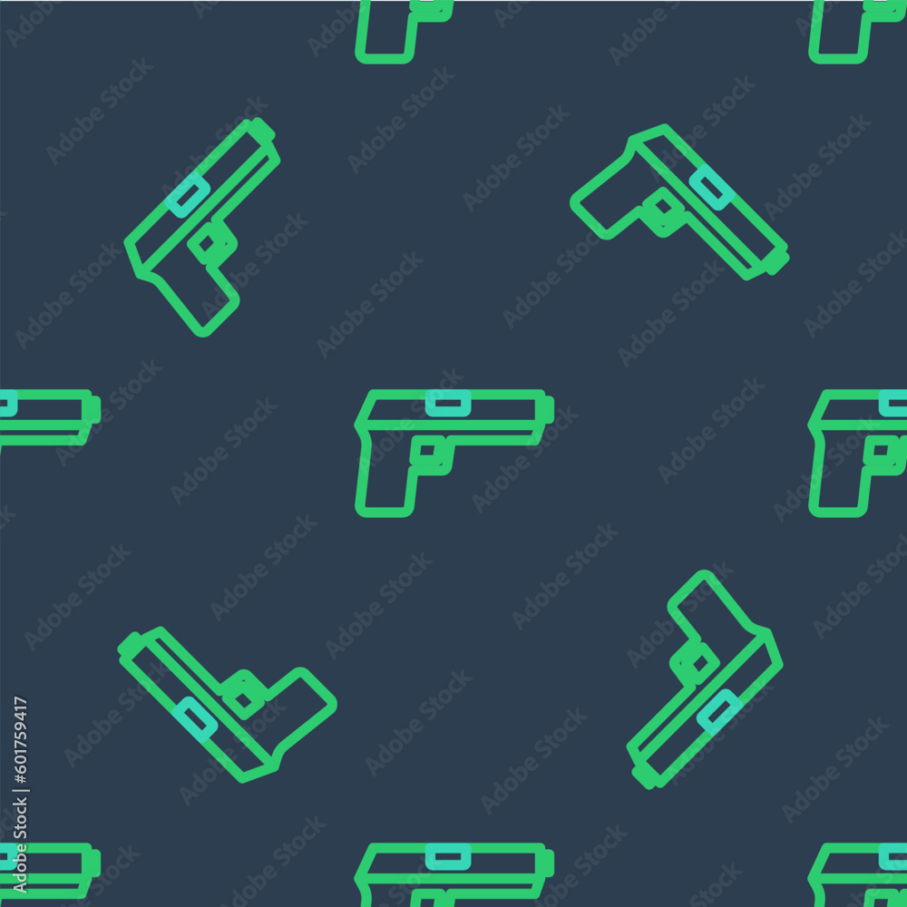 Line Pistol or gun icon isolated seamless pattern on blue background. Police or military handgun. Small firearm. Vector Line Pistol or gun icon isolated seamless pattern on blue background. Police or military handgun. Small firearm. Vector