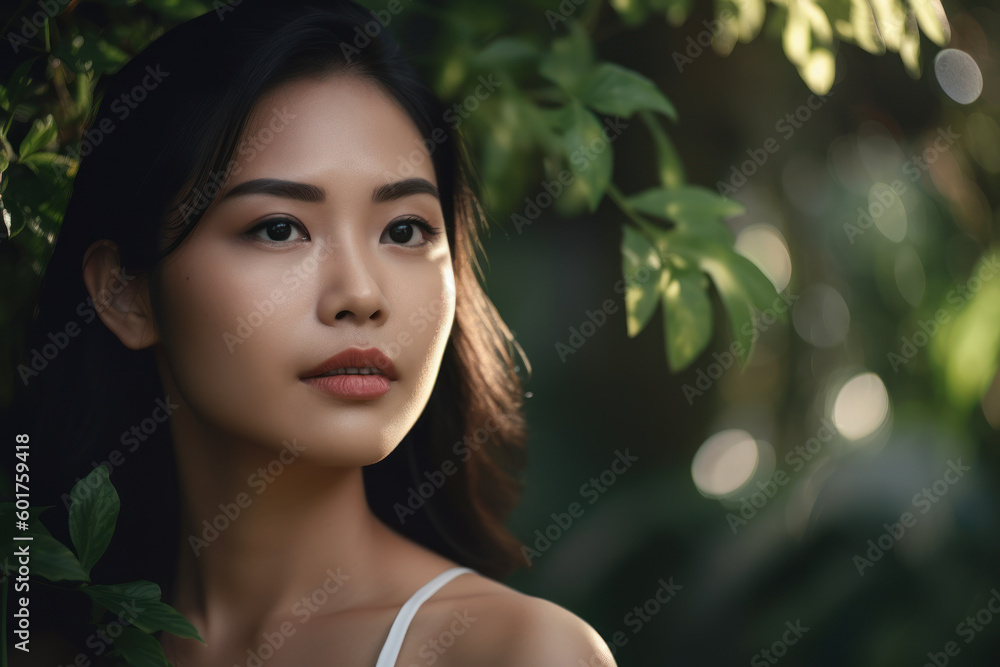 A beautiful Asian woman stands under the branches of a tree at dawn. Background for cosmetic product presentation with copy space. Photorealistic illustration generative AI. A beautiful Asian woman stands under the branches of a tree at dawn. Background for cosmetic product presentation with copy space. Photorealistic illustration generative AI.