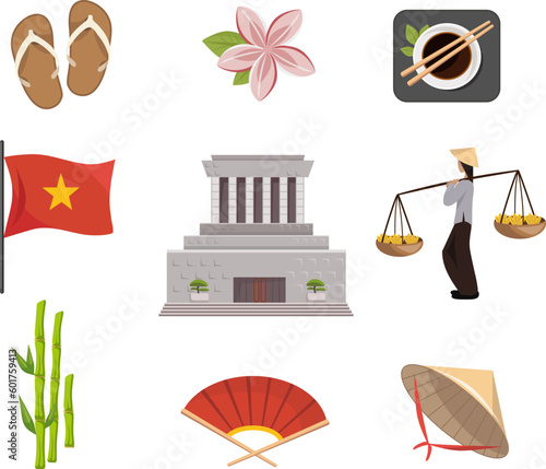 People and symbols of Vietnam vector illustrations set. Asian country, cup of sauce and chopsticks, fan, bamboo, conical straw hat, Ho Chi Minh Mausoleum,  vietnamese flip flops, flag of Vietnam