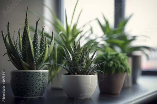 Home plant aloe in a pot. Photorealistic illustration generative AI.