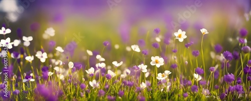 Field of wildflowers closeup image. Countryside meadow panorama with white and purple flowers at sunny summer day. Beautiful blurred scene, meadow with a carpet of flowers. AI generated Generative AI