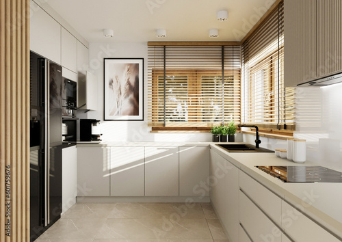 Wizualizacja 3D przedstawia nowoczesn   kuchni   z eleganckimi  funkcjonalnymi meblami i akcesoriami. Na wizualizacji wida   detalicznie wykonane modele szafek i p    ek  wykonanych z litego drewna.