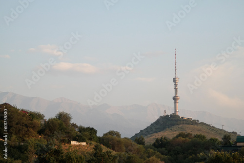 Hill Kok Tobe and Almaty TV tower at dusk