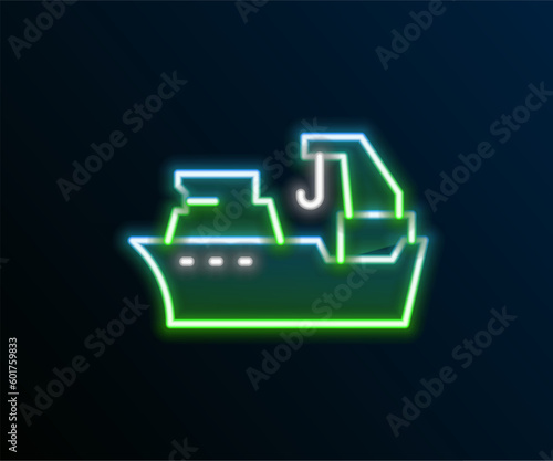 Glowing neon line Fishing boat icon isolated on black background. Fishing trawler. Colorful outline concept. Vector