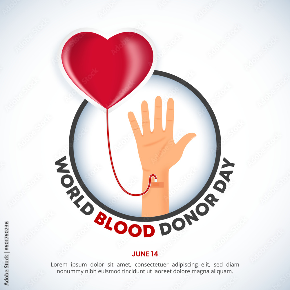 Fototapeta premium Square world blood donor day background with a heart shaped blood bag and a hand