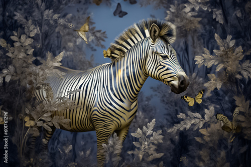 A mesmerizing paper cut artwork showcasing the elegance of a Zebra in a nocturnal forest  and brought to life with a stunning dark blue and gold palette. generative AI.