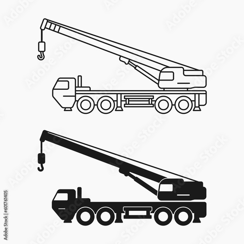 construction crane truck side view line shape icon vector flat illustration