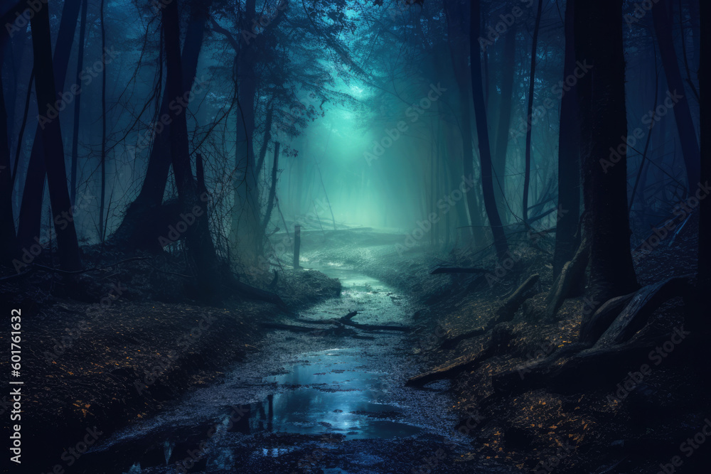 Dark fantasy forest landscape with muddy path in the mist, Generative AI