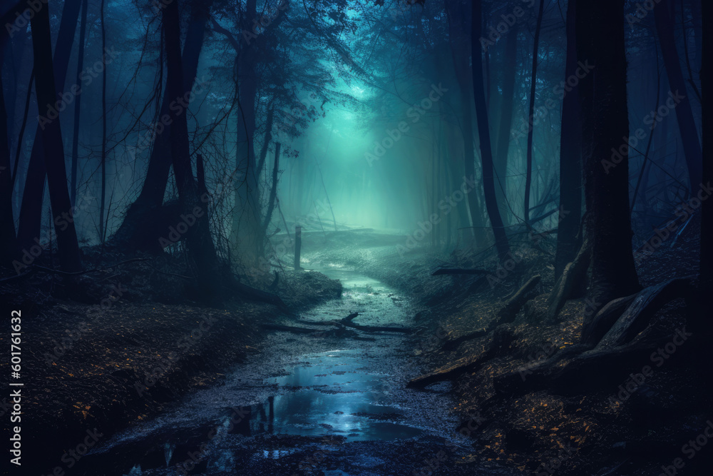 Dark fantasy forest landscape with muddy path in the mist, Generative AI Dark fantasy forest landscape with muddy path in the mist, Generative AI