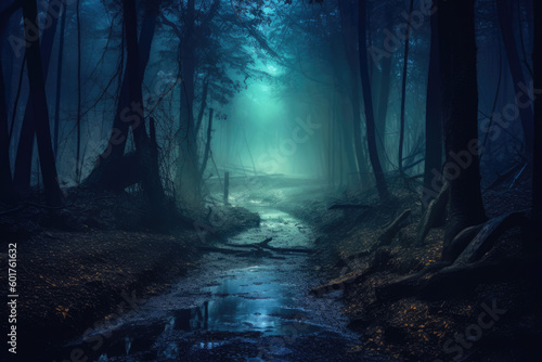 Dark fantasy forest landscape with muddy path in the mist  Generative AI