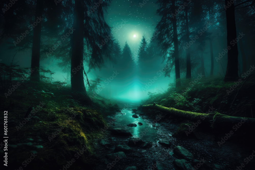 Dark fantasy forest landscape with starry night sky, Generative AI
