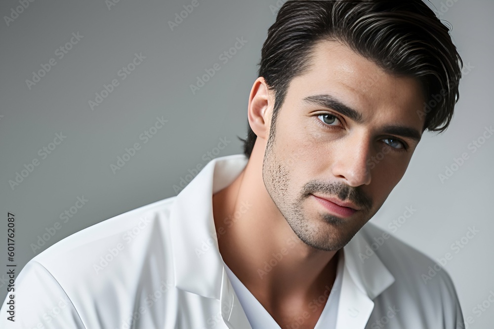 Close-up portrait of an attractive male doctor in a white coat on a gray background. Generative AI.