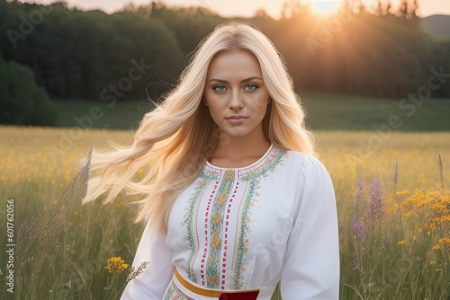 A blonde in an ethnic Slavic dress poses in the meadows in the rays of the sunrise. Generative AI.