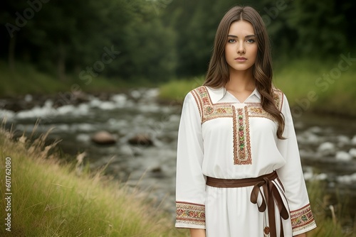 An attractive model in a long embroidered dress poses for the camera with a river flowing behind. Generative AI.