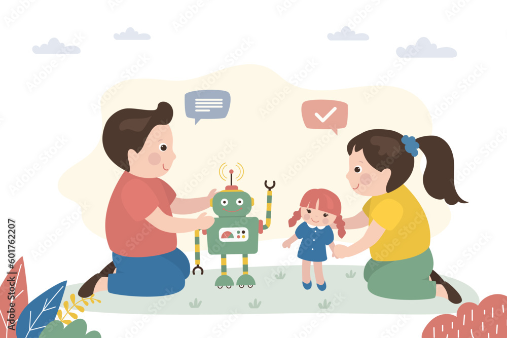 Happy girl and boy talking, play with toys. Friends play with robot and doll. Childhood, imagination, preschool games. Cute preschooler characters. Adorable friends have gaming Happy girl and boy talking, play with toys. Friends play with robot and doll. Childhood, imagination, preschool games. Cute preschooler characters. Adorable friends have gaming