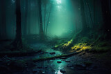 Patch of sunlight in a dark fantasy forest landscape by a stream in the mist, Generative AI