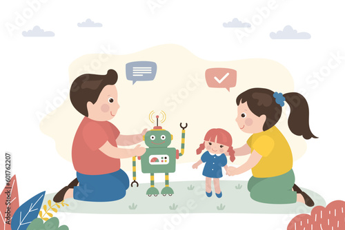 Happy girl and boy talking  play with toys. Friends play with robot and doll. Childhood  imagination  preschool games. Cute preschooler characters. Adorable friends have gaming