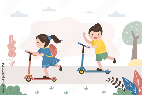 Cute boy and girl rides kick scooters. Children game, imagination, active kids drives small scooters. Childhood, sport and hobby, explore world.