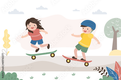 Happy caucasian children rides skateboards. Extreme sports. Cheerful preschoolers learns to skateboards. Small kids in helmet and with extreme transport. Hobby, sport or entertainment