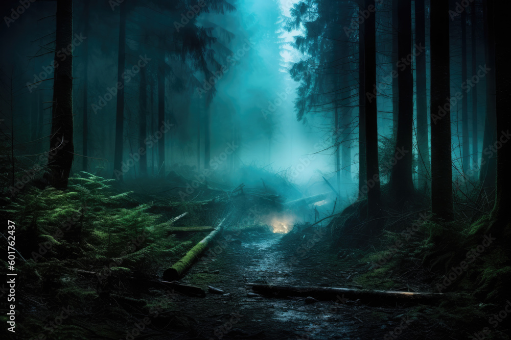 dark fantasy forest path landscape along a path in the mist, Generative AI
