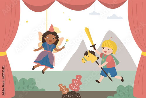 Children play fairy-tale characters. Dragon has taken over castle of beautiful princess. Boy dressed as monster and girl dressed as queen. Fight between good and evil.