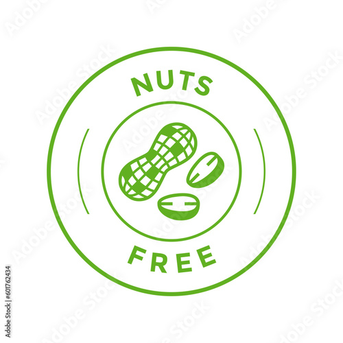 Nut free food vector icon. Food package seal, 100 percent nut free ingredients, peanut allergy information label