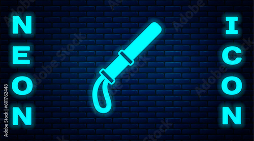 Glowing neon Police rubber baton icon isolated on brick wall background. Rubber truncheon. Police Bat. Police equipment. Vector