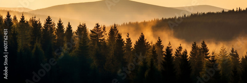 banner panorama forest view at sunset with fog .Nature beautiful morning mountain view with trees.Generative AI