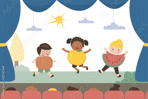 Funny multiethnic kids dressed up in fruit costumes. Children play in school theater. Theatrical performance, small actors on stage. Spectators watch kids play.