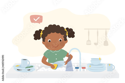 African american girl washes the dishes. Little child helps her mother clean the kitchen. Sink with dirty dishes. Kitchen interior.