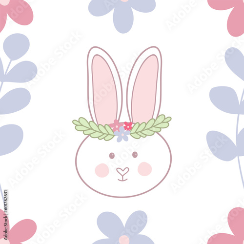 Seamless pattern. A hand-drawn rabbit face  a light purple twig  in the style of a doodle on a white background. Summer floral background. Scandinavian style for children.
