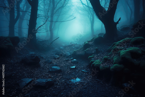 Ancient and forgotten path in a dark fantasy forest landscape in the mist  Generative AI