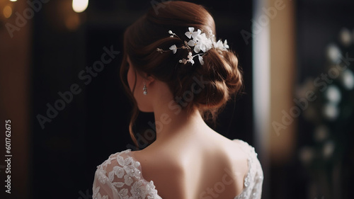 beautiful bride hairstyle for wedding with decorations. back view back girl hair .Generative AI