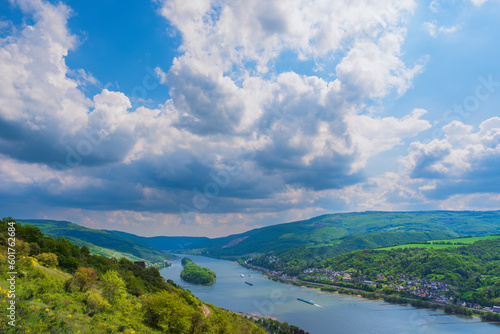 View from the Wisper Trail down into the valley to an island in the Rhine near Lorch/Germany