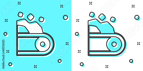 Black line Conveyor belt carrying coal icon isolated on green and white background. Random dynamic shapes. Vector