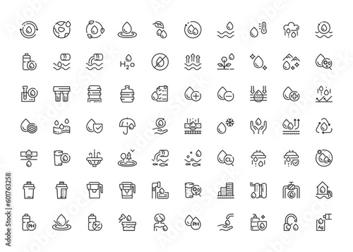 Vector Water Icons Set. Outline Thin Collection of Water line art Icons, Sign and Symbols - Water Drop, Purification, Hydration, Filtering, Filtration Process, Drinking Water and more.