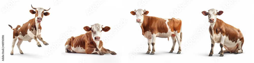 Wildlife cows animals banner panorama long - Collection of funny cute crazy laughing lying, standing, sitting brown white cow, isolated on white background, Generative Ai