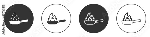 Black Pan with fire icon isolated on white background. Circle button. Vector