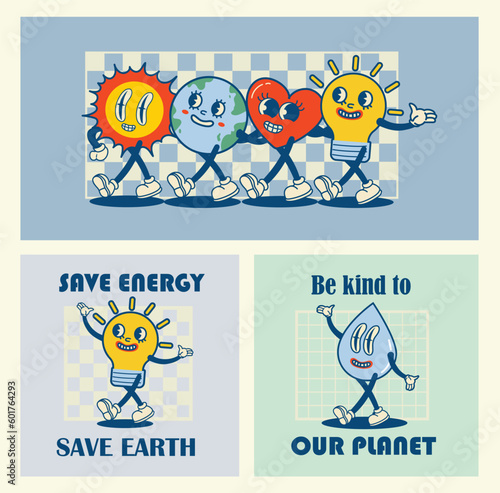 Happy Earth Day retro cards with slogan. Vintage nostalgia cartoon planet mascot character with smiling face. Globe with peace hand gesture. Environment friendly recycle concept.