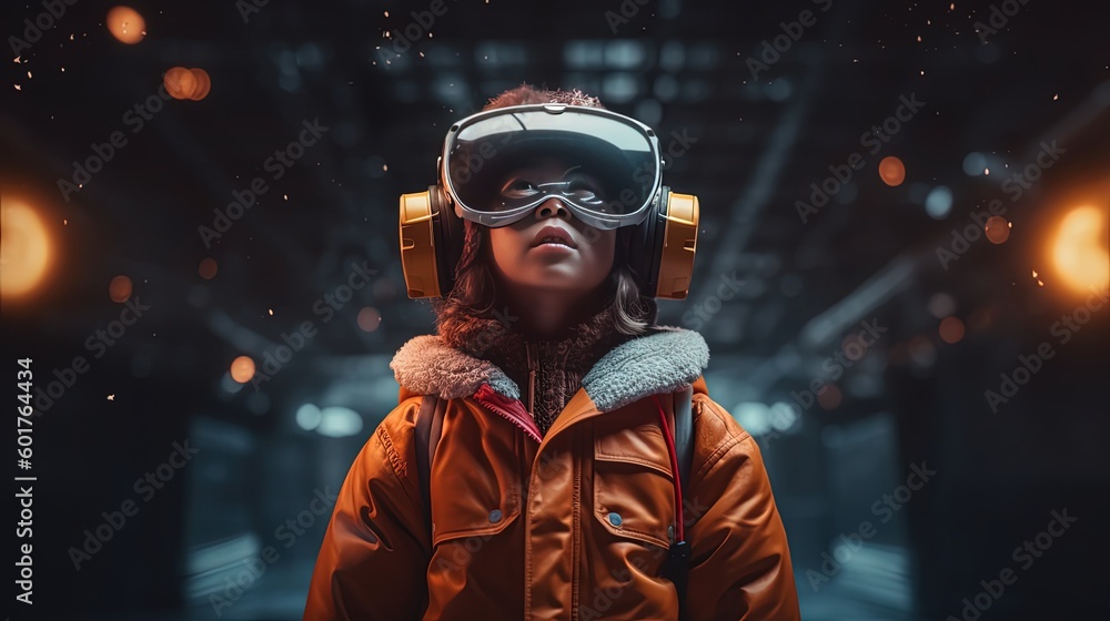 Child with VR headset exploring the metaverse, Generative AI Technology Child with VR headset exploring the metaverse, Generative AI Technology