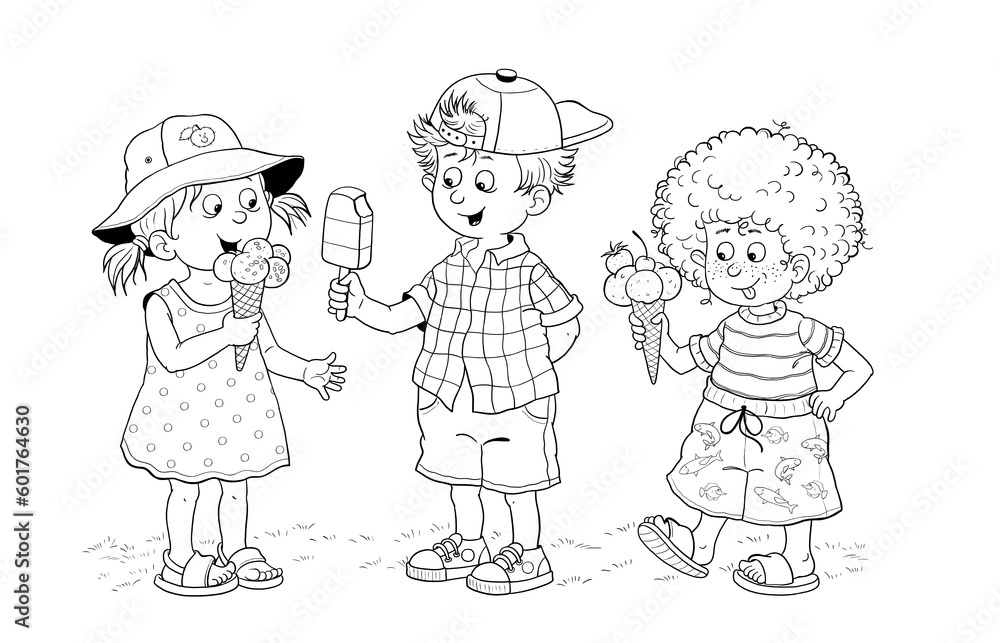 Summer. Happy cute kids eating ice cream. Illustration for children. Coloring page Summer. Happy cute kids eating ice cream. Illustration for children. Coloring page