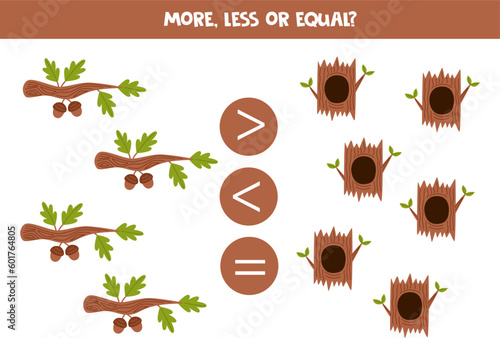 More, less or equal with cartoon acorns and pine cones.