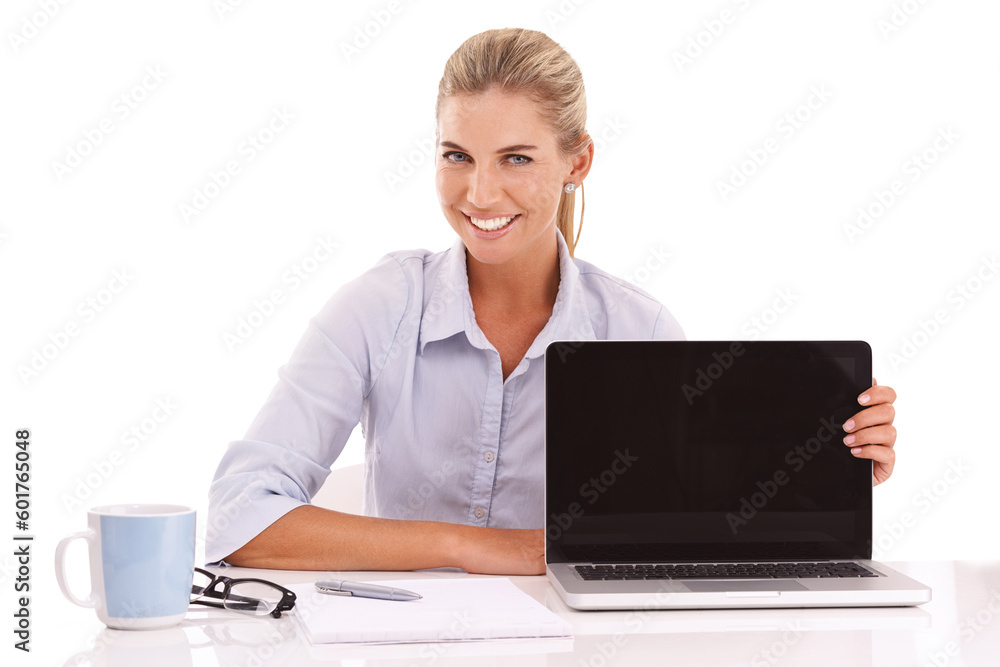 Laptop screen, mockup with business woman and smile in portrait isolated on png transparent background. Technology advertising, digital marketing and happy female professional at desk with pc Laptop screen, mockup with business woman and smile in portrait isolated on png transparent background. Technology advertising, digital marketing and happy female professional at desk with pc