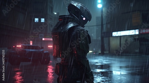 サイバーパンク兵士の都市パトロール - 大雨の中で夜間パトロールするSF軍事ロボット戦士の3DイラストAI
