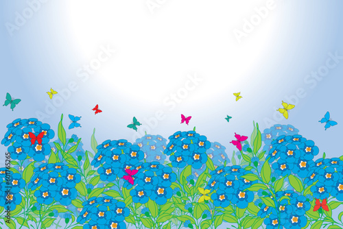 Illustration, The forget me not flower and butterfly on soft blue sky background with white sun.