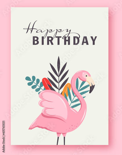 Happy birthday card design with flamingo illustration